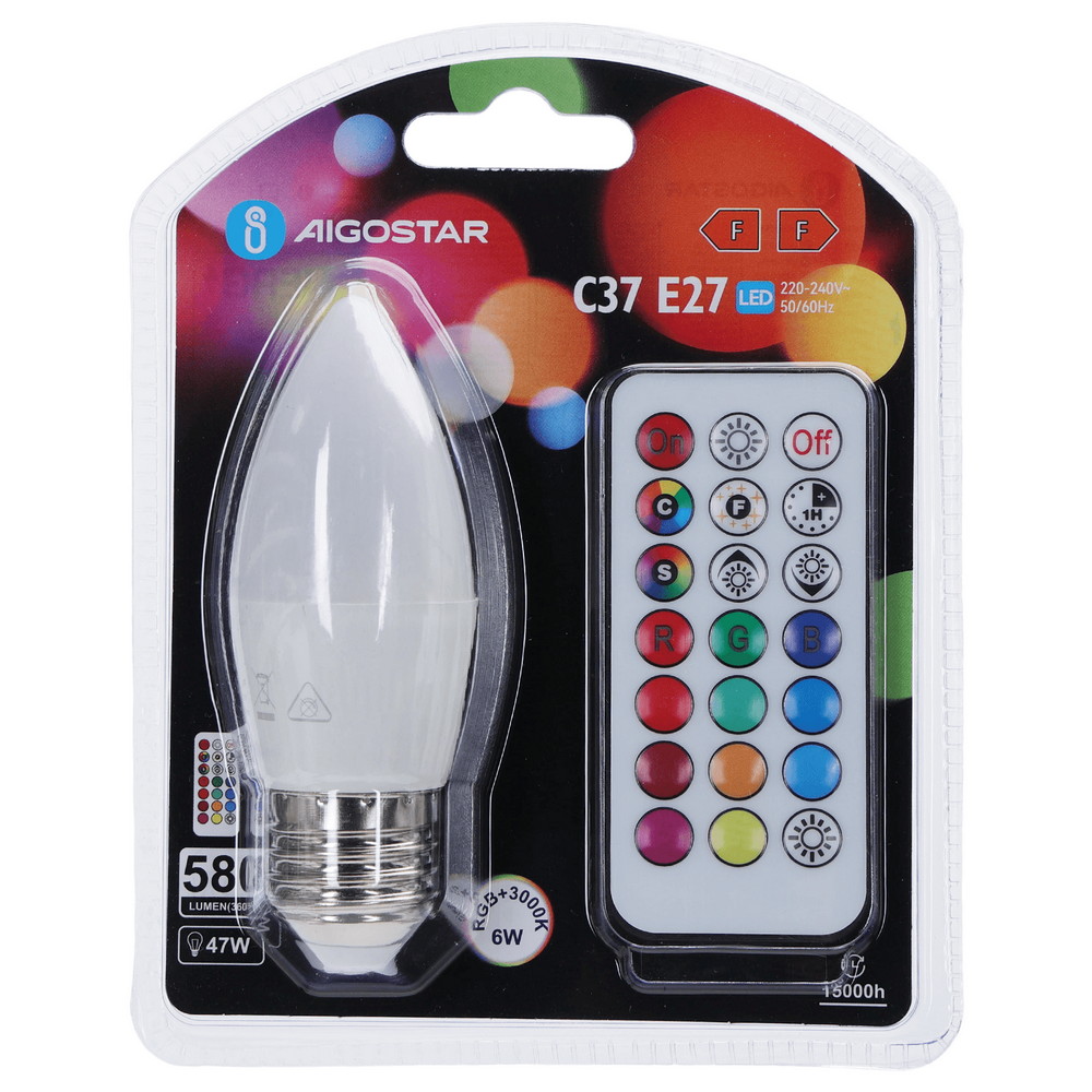 Lampadina Led E27 C37 a oliva 6W RGB + Bianco caldo 3000K con telecomando Aigostar - Foto 4
