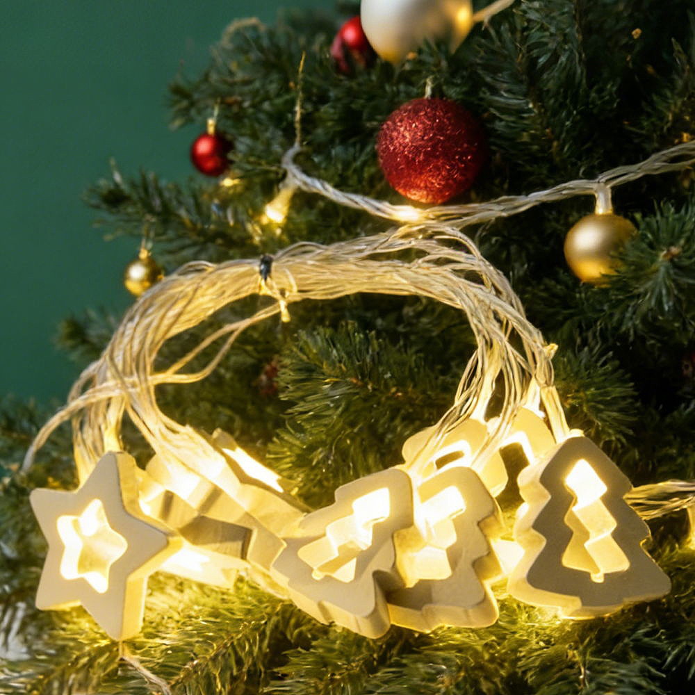 Catena decorata con 10 Stelle e Alberi in legno a Led Bianco Caldo 2 metri a batteria Wisdom - Foto 1