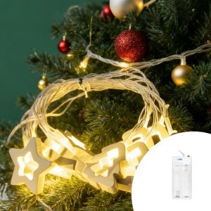 Foto principale Catena decorata con 10 Stelle e Alberi in legno a Led Bianco Caldo 2 metri a batteria Wisdom