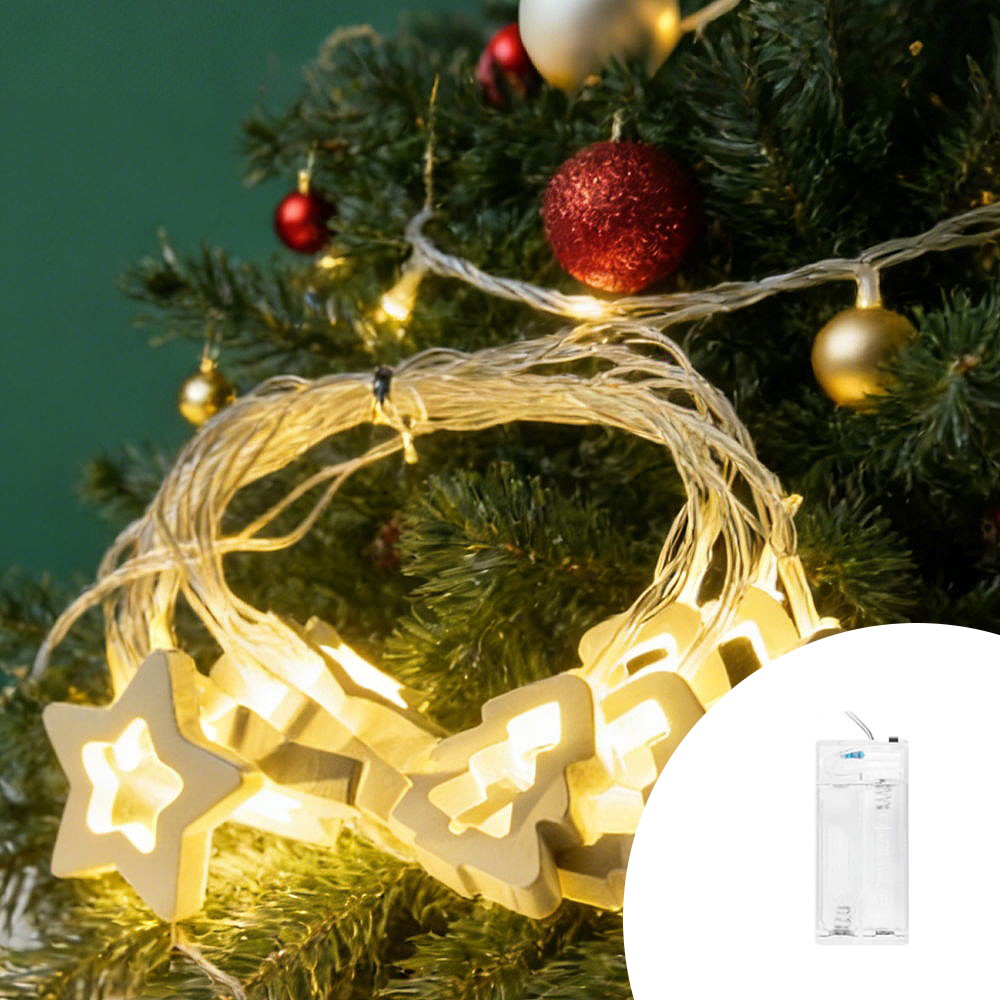 Foto principale Catena decorata con 10 Stelle e Alberi in legno a Led Bianco Caldo 2 metri a batteria Wisdom