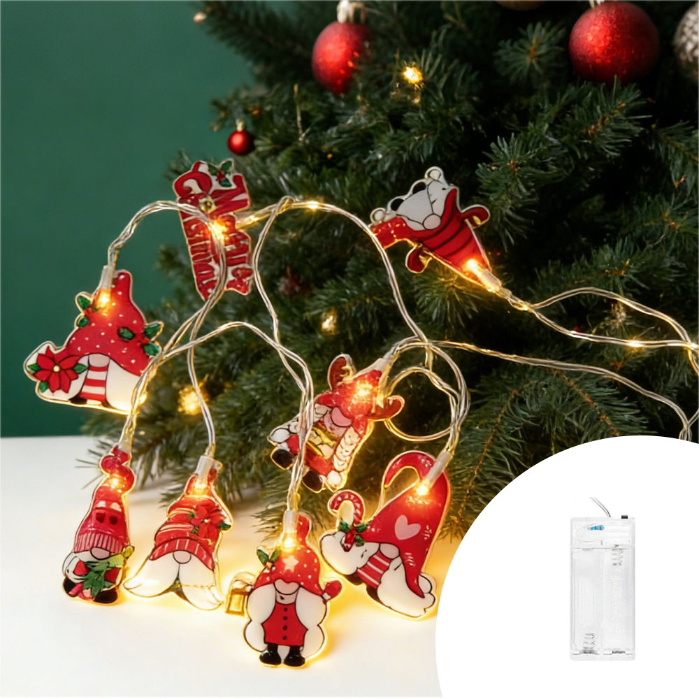 Foto principale Catena decorata con 9 Gnomi luminosi a Led Bianco Caldo 2 metri a batteria Wisdom
