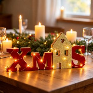 Foto principale Scritta luminosa decorativa Xmas 20 Microled Bianco Caldo in legno di colore rosso e dorato a batteria Wisdom