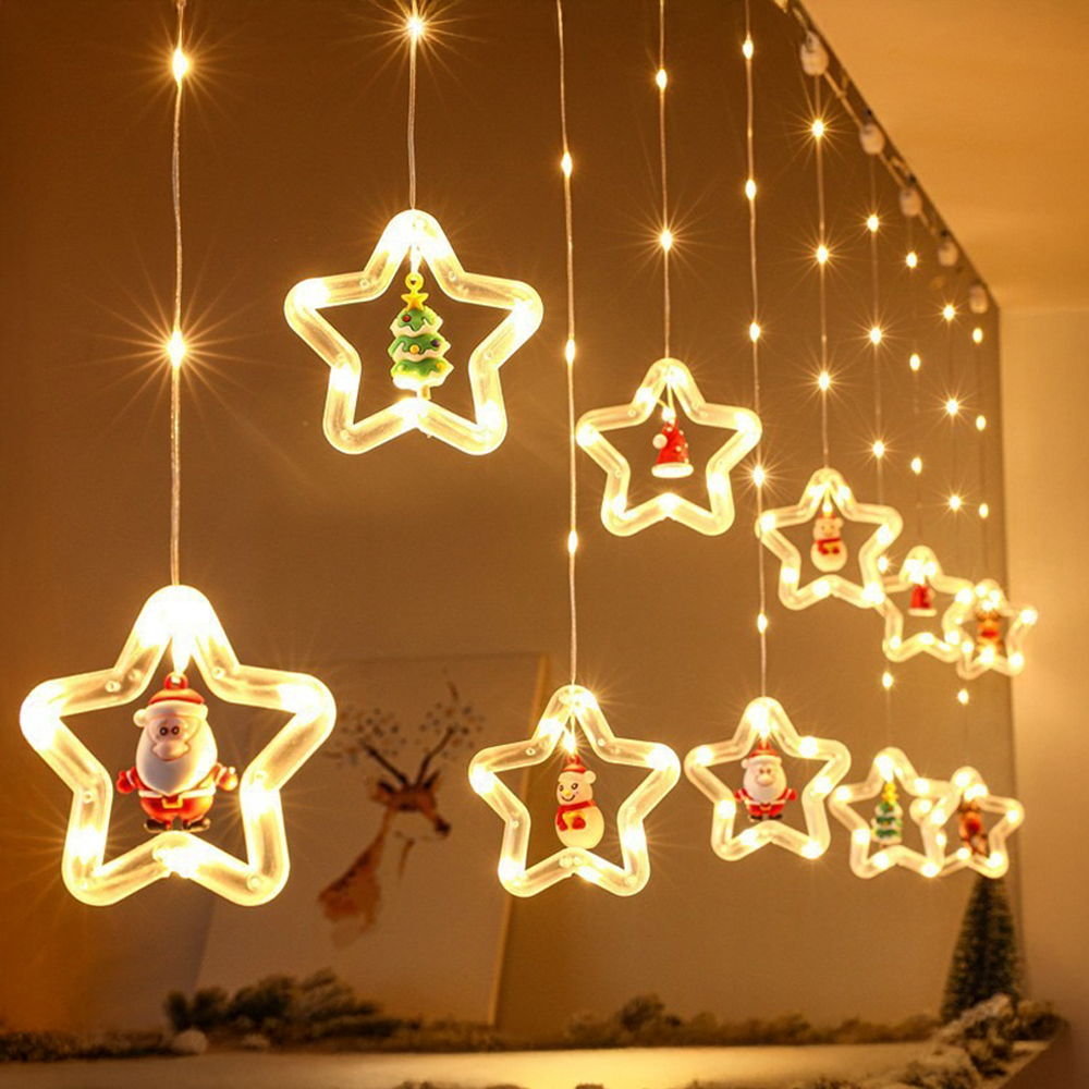 Tenda luminosa 3 metri 100 Led Bianco Caldo con Stelle e figure natalizie altezza 60cm USB per interno con telecomando Wisdom - Foto 1