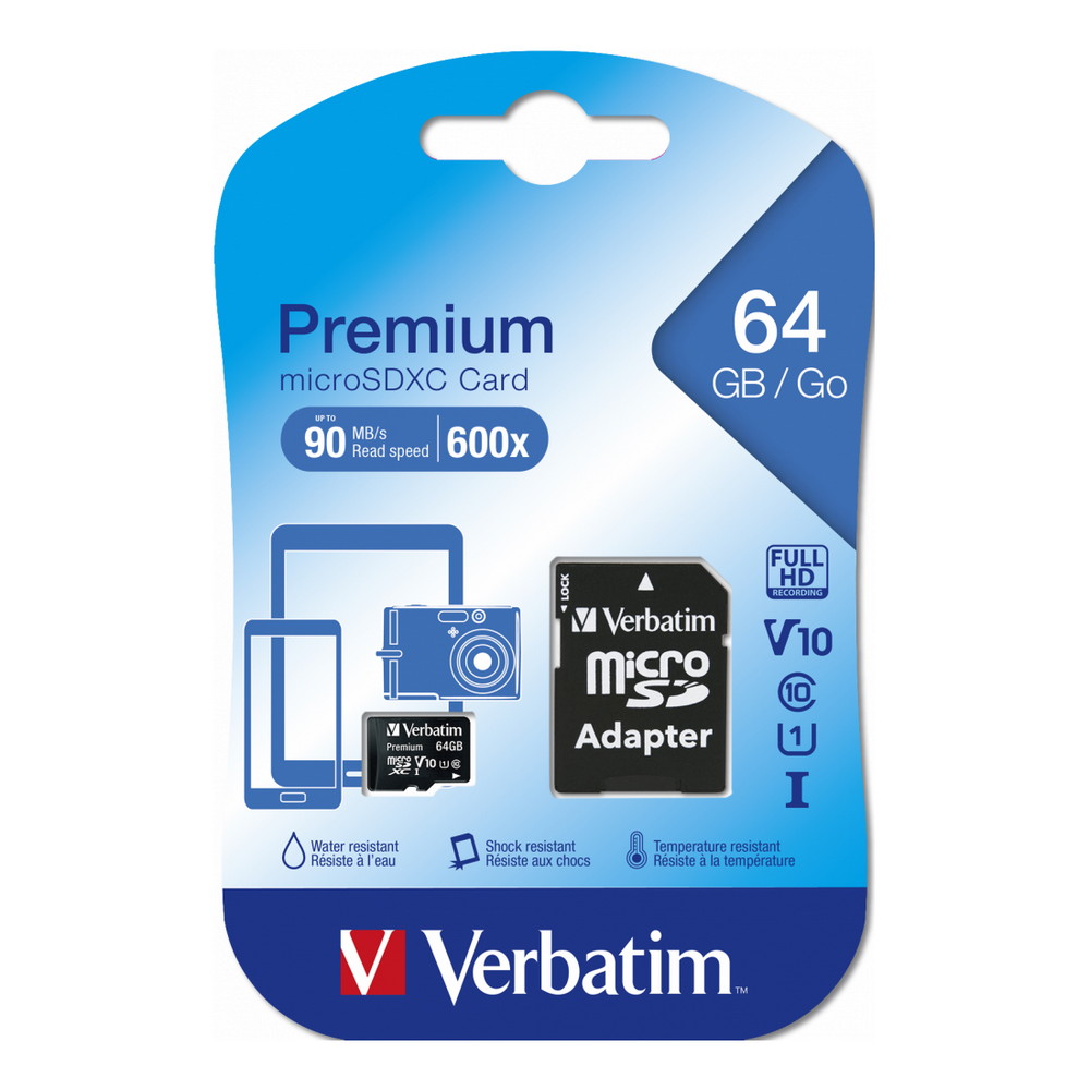 Foto principale Scheda di memoria Verbatim Micro SD XC 64GB Premium V10 U1 90MB/s 600x con adattatore SD
